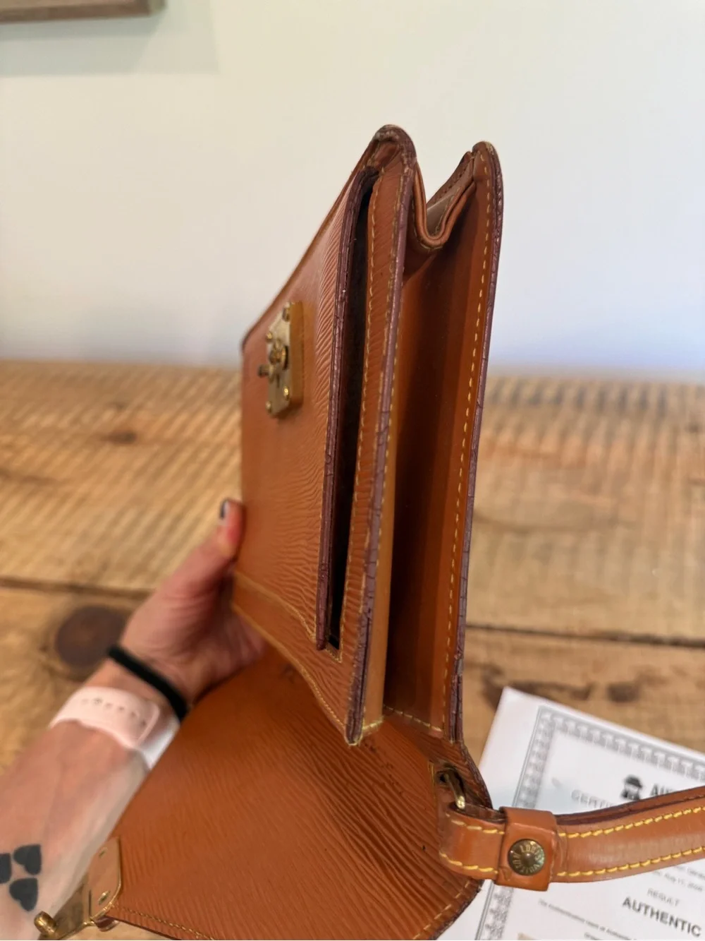 Louis Vuitton Tan Epi Leather Wristlet Clutch with Gold Hardware project piece